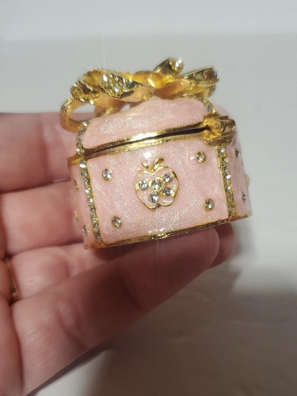 Pink Enamel Trinket Box with Gold Bow Accent